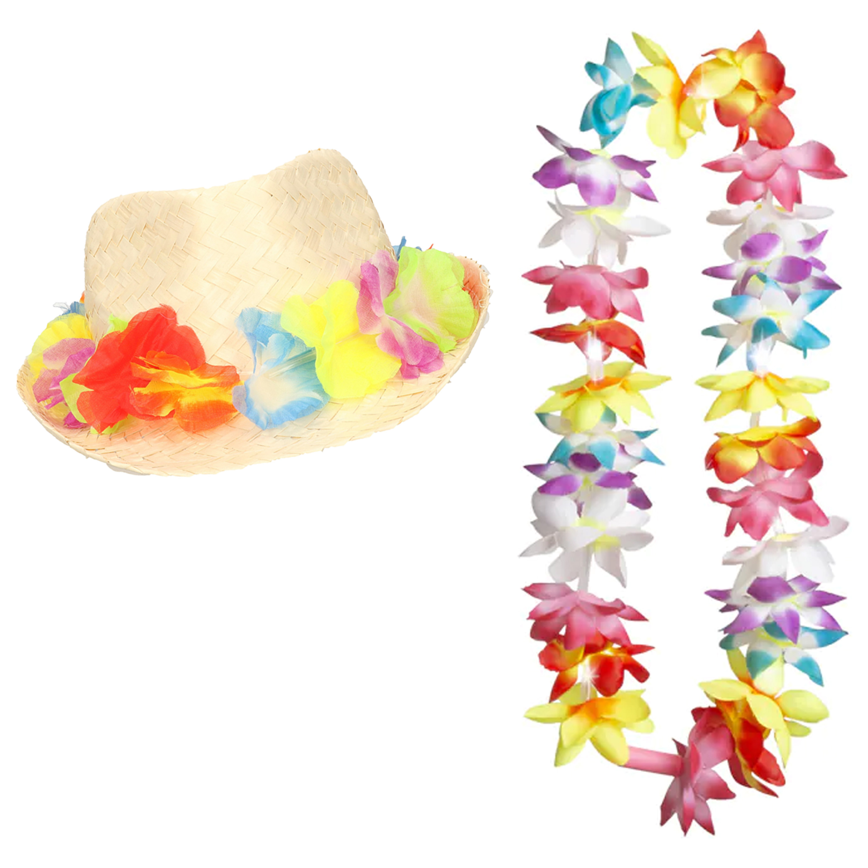 Carnaval verkleed set - Tropische Hawaii party - bloemen band strohoedje - en LED bloemenkrans Top Merken Winkel